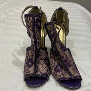 USED Women's Pretty Lace Flowers Open Toes High Heels Ankle Boots (PURPLE)